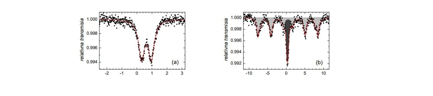 2 THETA: Mössbauerove spektrá vzorky tkaniva Globus Pallidus meraného pri izbovej teplote (a) a pri teplote 4.2 K (b).Magnetický komponent *v* (b) je zvýraznený šedou farbou.
