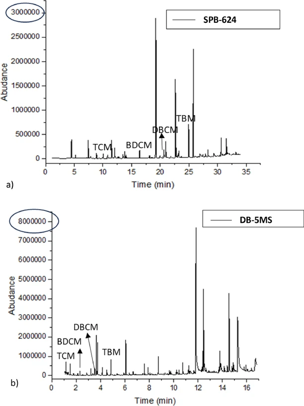 Advances in Sample Preparation, Volume 14, 2025, 100168: Fig. 2. HS-HiSorb-TD-GC-MS chromatogram of the THMs using (a) the SPB-624 chromatographic column at 50 ppb, and (b) the DB-5MS chromatographic column at 50 ppb.