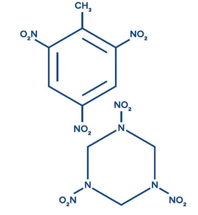 ALS Czech Republic: Nahoře vzorec TNT (2,4,6-trinitrotoluen), dole: vzorec RDX/Hexogen (hexahydro-1,3,5-trinitro-5-triazin)
