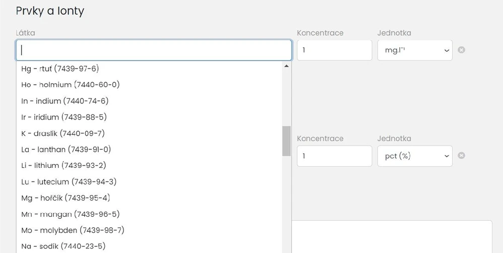 ANALYTIKA: Konfigurátaor roztoků - Výběr prvků