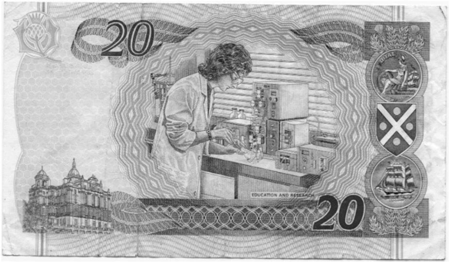 ČSHS: Obr. 10: Skotská dvacetilibrová bankovka s kapalinovým chromatografem