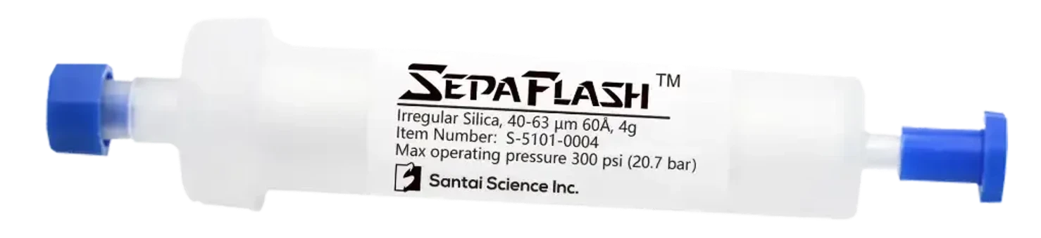 KNAUER: A Santai SepaFlash pre-packed flash column (4 g size). These disposable polypropylene cartridges are filled with high-purity silica and feature Luer-lock connectors for easy setup. They are compatible with common flash chromatography systems and designed for single or few-use purification runs.