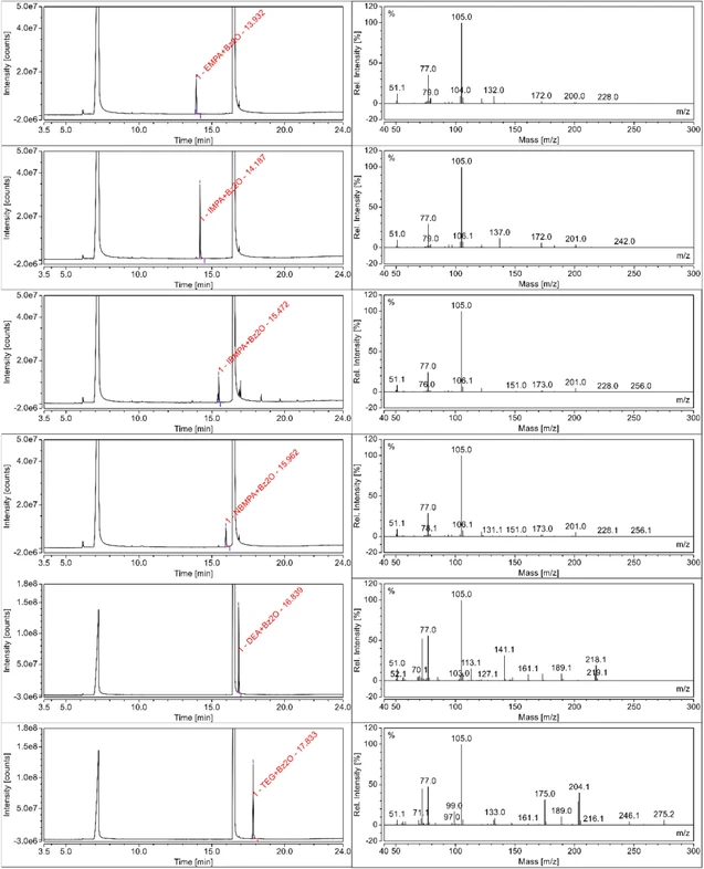 Microchemical Journal, 2026, 119216, Volume 228: Fig. 5. Representative GC–EIMS total ion chromatograms and corresponding mass spectra of benzoylated derivatives of investigated AMPAs, amidine, and guanidine obtained after derivatization with benzoic anhydride (Bz2O). Chromatograms are presented without background subtraction.