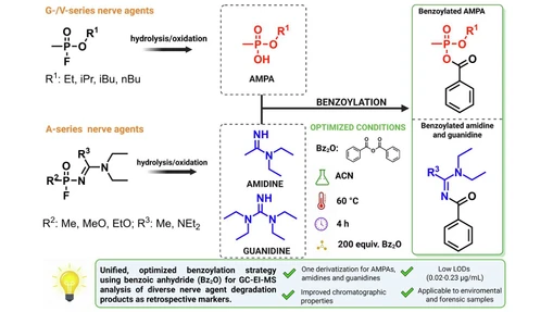Benzoylation strategy for GC–EI–MS analysis of alkyl methylphosphonic acids, amidines and guanidines as retrospective markers of nerve chemical warfare agent use