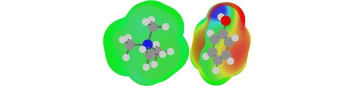 Nadace Experientia: Přehlížená mezimolekulová interakce, která ovlivňuje lidské životy: Obrázek 1: Mapa elektrostatického potenciálu na povrchu molekul – tetramethylamonný kation (vlevo) a fenol (vpravo).