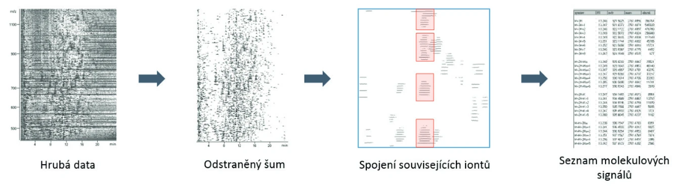 HPST: Obrázek 5 Extrakce molekulových signálů: Při extrakci molekulových signálů z LC/MS záznamu jsou hrubá data zobrazena ve třech rozměrech (retenční čas × m/z × intenzita) a je podle předem nastavené intenzity odstraněn šum.  Ve  zbylých  datech  jsou  spojovány  ionty  se  stejným  chromatografickým  profilem,  které  zároveň  odpovídají  stejné neutrální hmotě.