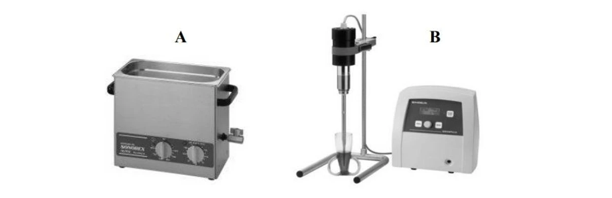 2 THETA: Příklady instrumentace pro ultrazvukové extrakce. A - ultrazvuková lázeň, B – ultrazvuková sonda