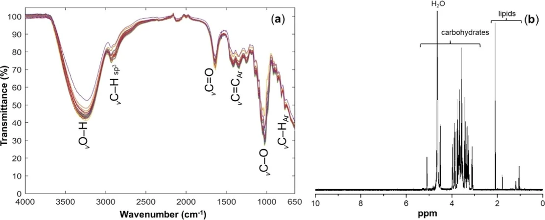 ACS Omega 2025, 10, 20, 20550–20561: Figure 1. (a) FT-MIR and (b) NMR spectra of stingless bee honey samples. v─infrared absorption frequencies (stretching or bending).