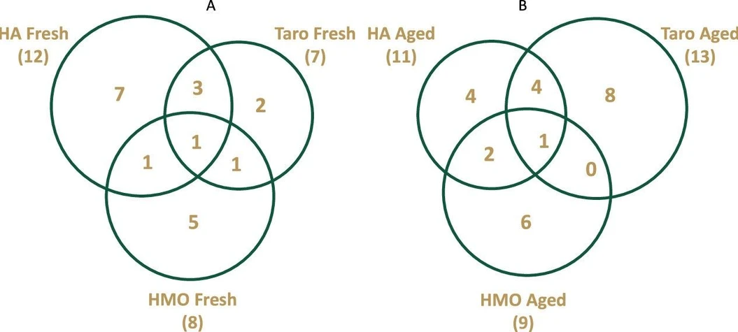 ACS Omega 2025, 10, 20, 20754–20762: Figure 1. Venn diagram illustrating the relationship between number of compounds found in Hanalei (HA) brand poi, He Mea Ono (HMO) brand poi, and Taro brand poi for (A) fresh samples and (B) aged samples. Numbers in each space represent the number of analytes identified in common between groups. Numbers in parentheses for each brand provide the total number of analytes detected for the indicated aging state.