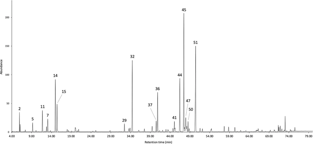 ACS Omega 2025, 10, 38, 44077–44086: Figure 3. GC–MS profile of A. dubia EO on a polyethylene glycol stationary phase. The peak numbers refer to major compounds (≥3.0% on at least one column) in Table 1.
