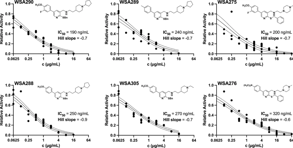 ACS Omega 2025, 10, 39, 45823–45839: Figure 2. Potent inhibition of ATP synthesis activity. ATP synthesis activities of inverted membrane vesicles in the presence of 0–16 μg/mL inhibitor (log2 scale) are plotted relative to the DMSO control containing no inhibitor. Replicate measurements are shown as dots. The fitted dose response curves are shown as solid lines, and the dashed lines indicate the 95% confidence bounds of the fit.
