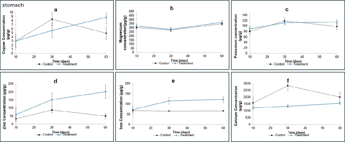 ACS Omega 2025, 10, 46, 56085–56095: Figure 4. Mean concentrations of Cu, Mg, K, Zn, Fe, and Ca in stomach determined by ICP–MS. Values are presented as mean ± standard deviation (μg/g). (a) Copper; (b) magnesium; (c) potassium; (d) zinc; (e) iron; and (f) calcium. The control group is represented in black, and the treatment group in blue. Statistical significance was determined by one-way ANOVA (p <0.05).
