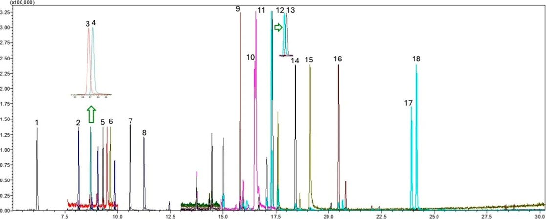 ACS Omega 2025, 10, 51, 63464–63473: Figure 5. Extracted ion chromatogram (EIC) in SIM mode of the target pesticides obtained from the injection of a mixed standard solution at 100 μg L–1. Analytes are listed in order of elution: [1] Molinate (6.18 min); [2] α-HCH (8.15 min); [3] atrazine-d5 (8.69 min); [4] atrazine (8.75 min); [5] diazinon (9.31 min); [6] disulfoton (9.67 min); [7] dimethachlor (10.60 min); [8] metalaxyl (11.25 min); [9] p,p′-DDE (15.82 min); [10] cyproconazole I (16.50 min); [11] cyproconazole II (16.56 min); [12] p,p′-DDD (17.29 min); [13] ethion (17.34 min); [14] trifloxystrobin (18.43 min); [15] tebuconazole (19.13 min); [16] bifenthrin (20.47 min); [17] permethrin I (23.92 min); [18] permethrin II (24.18 min).
