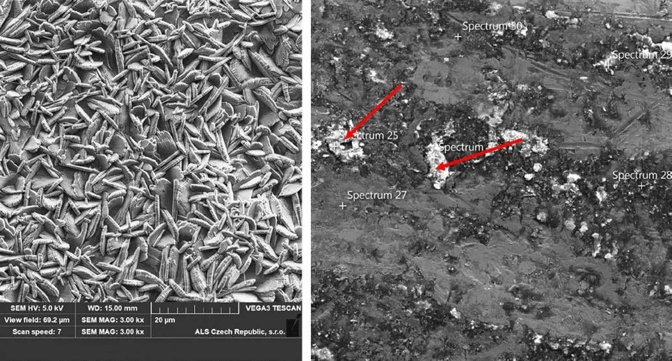 ALS Czech Republic - EnviroMail™19/Evropa: Obrázek 2 - (A) antikorozní vrstva; (B) stopy koroze
