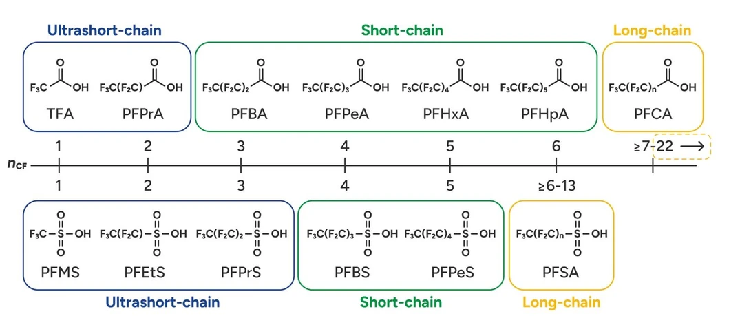 EnviroMail™29/Europe: Unstoppable? Ultrashort PFAS in the environment and water sources: Figure 2: PFSA and PFCA categorization based on carbon chain length – ultrashort-chain, short-chain and long-chain.