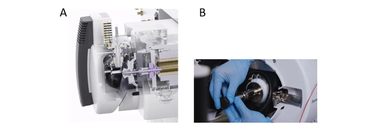 Altium International: Obr. 4: A – Technologie VacShield umožňující automatické uzavření vakua při čištění vstupní kapiláry; B – Vyjmutí kapiláry je usnadněno použitím speciálního nástroje.
