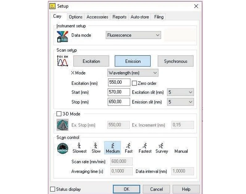 Altium International: Obrázek 2. Instrumentální parametry pro detekci emisního spektra *DsRed* (emisní maximum 583 nm) a excitace 55O nm (excitace 558 nm)