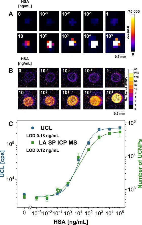 Anal. Chem. 2025, 97, 26, 13832–13839: Figure 2. Calibration curves for the determination of HSA utilizing PLISA based on piezo-driven spotting of the capture antibody. Pad images in pseudocolor scale obtained for (A) UCL intensity readout and (B) UCNP counting by LA SP ICP MS. (C) Corresponding UCL and LA SP ICP MS calibration curves. Empty triangles represent LODs; error bars represent standard deviations.