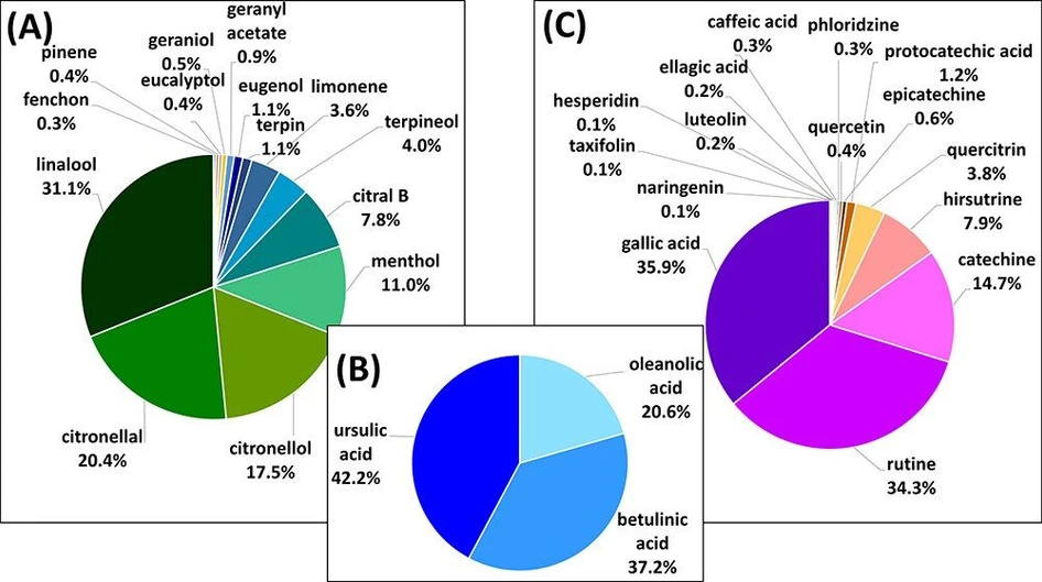 Analytical Chemistry 2024 96 (7), 2840-2848: Figure 4. Comparison of the percentage abundance of targeted analytes, i.e., (A) terpenes, (B) terpenoic acids, (C).jpg