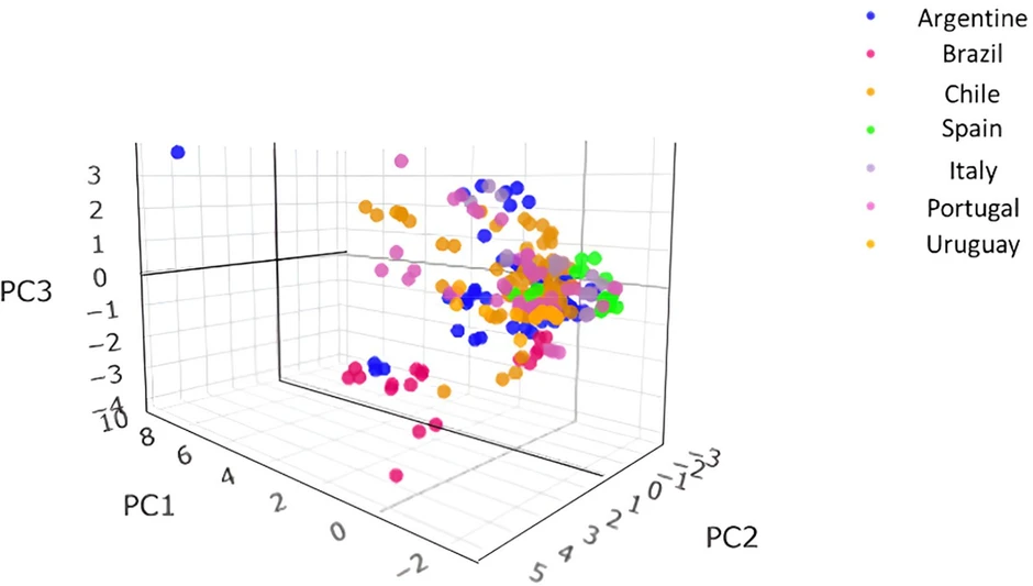 Appl. Food Res. 2026, 102021, Volume 6, Issue 1: Fig. 2. PC1 x PC2 x PC3 plot for mulielement determination by ICP-MS/MS in wine samples from different origins.