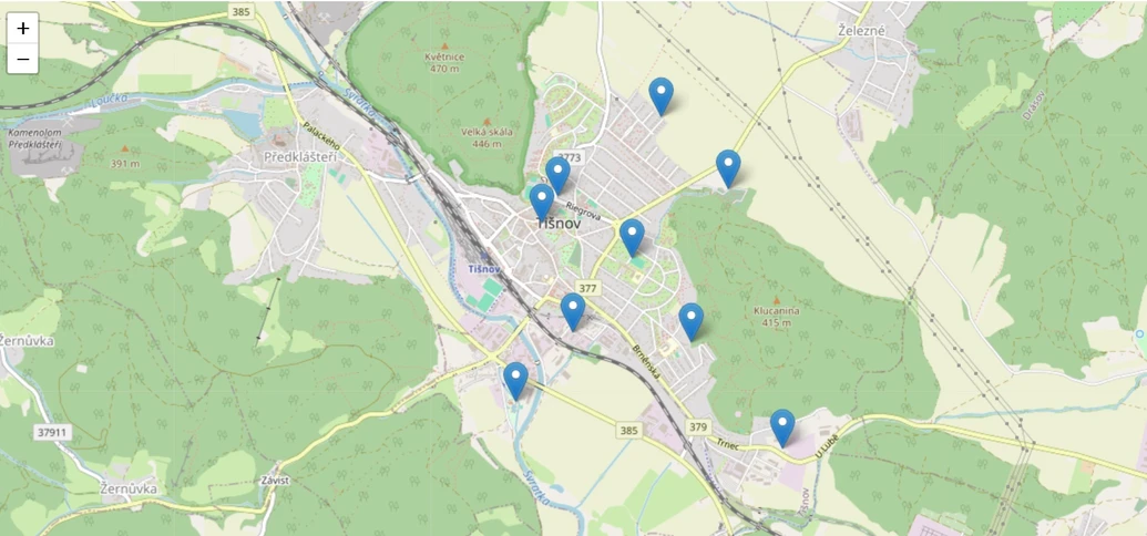 CDV: Návrh a realizace sítě pro měření kvality ovzduší ve městě Tišnov - Mapa měření