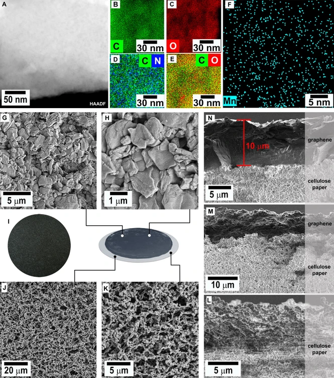 CHEMJOURNAL-D-25-00469: Figure 3. The morphology and microstructure of Mn-NGCOOH (A) High-angle annular dark-field (HAADF) image of Mn-NGCOOH flake. (B–E) Energy dispersive X-ray spectroscopy (EDS) chemical mapping of Mn-NGCOOH for (B) carbon, (C) oxygen, and combined chemical mapping of (D) carbon and nitrogen and (E) carbon and oxygen. (F) EDS chemical mapping of Mn-NGCOOH for manganese. (G and H) SEM images of top view for Mn-NGCOOH. (I) A detailed photograph showing the Mn-NGCOOH membrane. (J and K) SEM images of top view for cellulose paper substrate. (L–N) Cross section of the (L) cellulose paper substrate, (M) Mn-NGCOOH, and (N) Mn-NGCOOH with higher magnification.