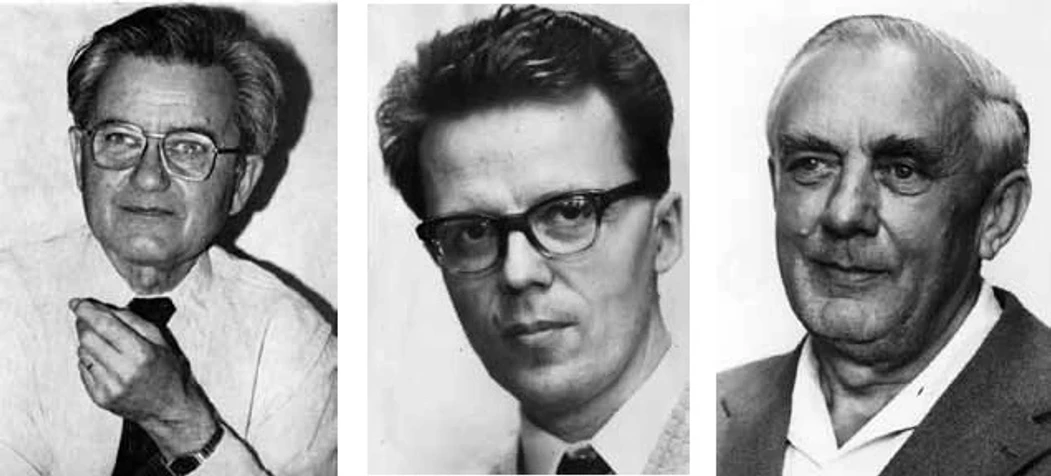ČSHS: Obrázek 5: Technické zázemí provozu hmotnostního spektrometru v ÚFCH ČSAV: Doc. Miroslav Pacák (1911–1988), Ing. Ladislav Hládek (1933-), elektronika, a pan Josef Protiva (1914–2005), jemná mechanika
