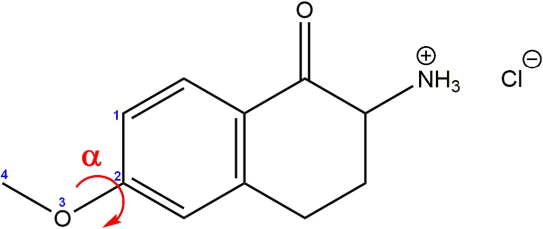 Chirality, Volume 36, Issue 2: FIGURE 2 - The structure of the hydrochloride 9f with the labeled dihedral angle α. The characteristic torsion angle is defined as α ≤ (1, 2, 3, 4).