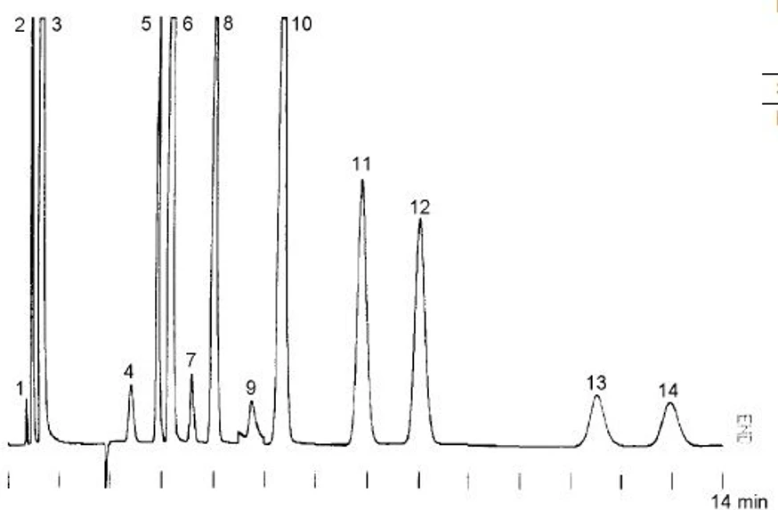 Chromsolutions: Vzorek zemního plynu - systém B - 1. kyslík, 2. dusík, 3. methan, 4. C6+, 5. dusík, 6. methan, 7. C02, 8. ethan, 9. H2S, 10. propan, 11. i-butan, 12. n-butan, 13. i-pentan.