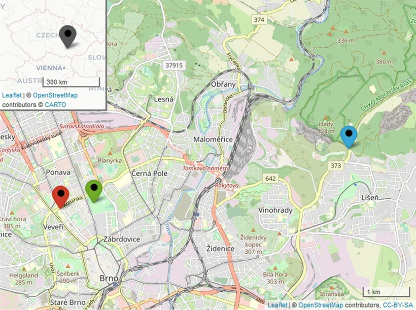 Environ Sci Pollut Res 31, 55251–55262 (2024): Fig. 1 - Sampling locations indicated on the map of the city of Brno. Locations: intersection KOT, red; urban park LUZ, green; background area KLA, blue (Cheng et al. 2022; OpenStreetMap n.d.)