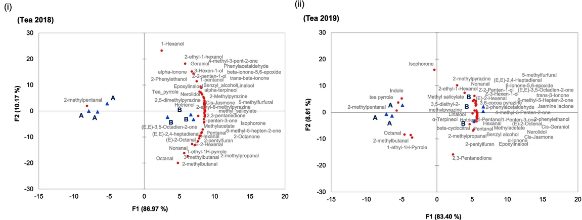 Food Chemistry, Volume 464, Part 1, 2025, 141537: Fig. 1. Principal Components Analysis (PCA) of 48 aroma compounds identified by GC–MS analysis for 3 batches of tea infusion for type A and type B harvest in (i) year 2018 and (ii) year 2019.