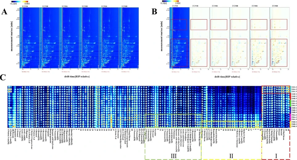 Food Chemistry: X 2024, 23, 101709: Fig. 3. GC-IMS analysis of VOCs in sea cucumbers under different puffing conditions. (A) Spectra of volatile compositions (top view). (B) Comparative difference spectra of volatile compositions. (C) Fingerprinting of sea cucumbers under different puffing conditions.