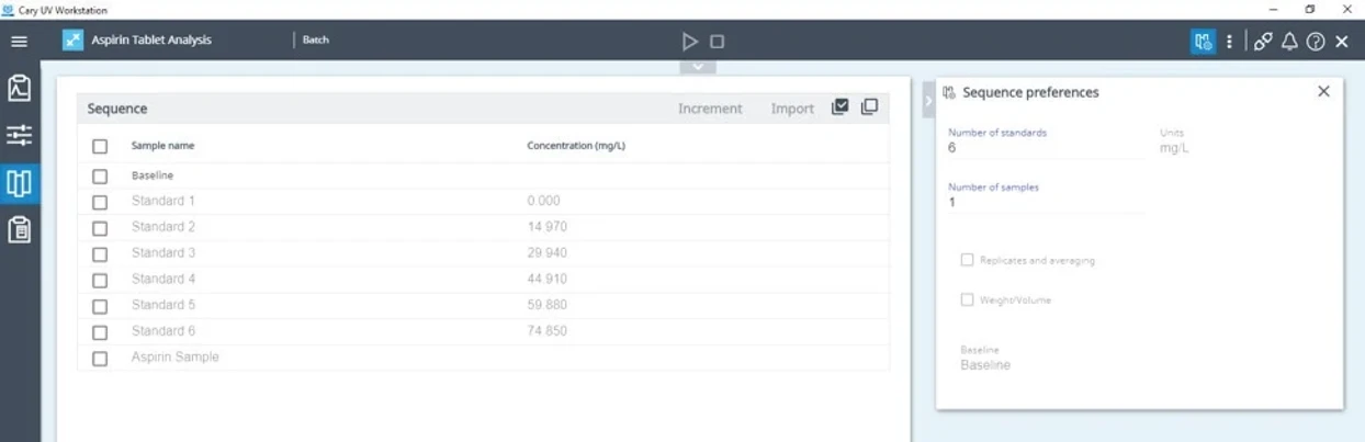 HPST: Náhled softwaru Cary UV Workstation s nastavenou sekvencí měření, kde lze vidět výběr baseline, počet standardů a vzorků spolu s nastavením koncentračních jednotek a koncentrace standardů