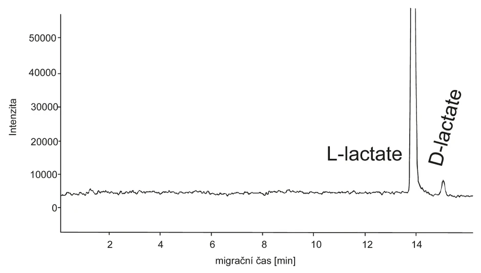 HPST: Obrázek 4 - SIM záznam separace D,L-laktátu krevního séra zdravého pacienta. LOD (L-laktát) 60 nmol/L, (D-laktát) 72 nmol/L
