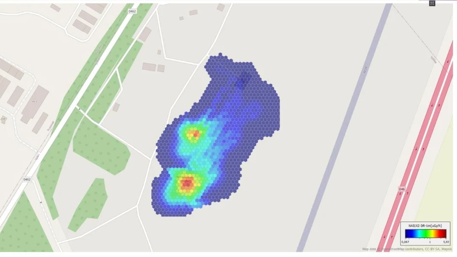 HZS IOO: Mapa intenzit dávkového příkonu generovaná v reálném čase programem DRONIC