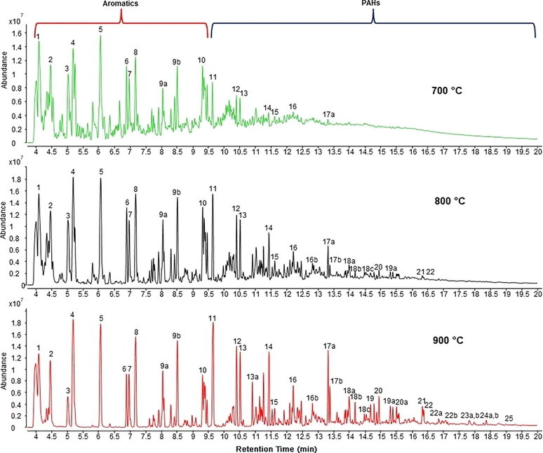 J. Phys. Chem. A 2025, 129, 28, 6356–6373: Figure 8. Pyr-GC chromatograms obtained at 700, 800, and 900 °C. The peak labels correspond to those shown in Table 1 in the column shadowed in gray.