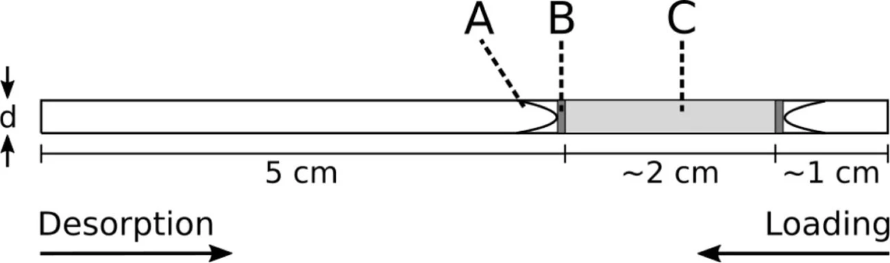 Journal of Chromatography A, Volume 1730: Fig. 1. Schematic drawing of the micro thermal desorption tube (μTD-tube). Loading and desorption of analytes occur in opposite directions. A - spring wire, B - volumetric mesh disk; C - Tenax-bed (10 mg); d - 1.6 mm O.D. and 1.4 mm I.D.