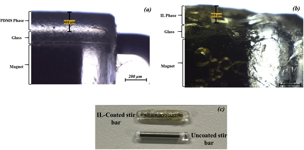 <p>Journal of Chromatography A, Volume 1742, 2025: Fig. 3 Microscopy images (× 250) of a commercial PDMS-coated stir bar (a) and the prepared stir bars (number 7) using the [TESBPIM][NTf2] IL (b), and a photography of the IL-coated stir bar and uncoated stir bar (c).</p>