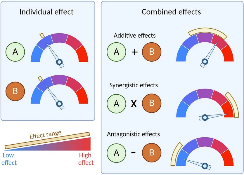 Journal of Chromatography A, Volume 1744, 2025, 465728: Fig. 1. Combined effects of environmental pollutants (e.g., compounds A and B) are usually additive, synergistic and, less often, antagonistic