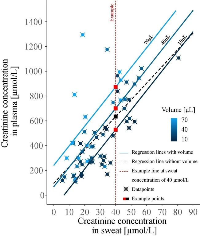Journal of Chromatography B, Volume 1252, 2025, 124444: Fig. 4. Multivariable linear regression analysis revealed a significant effect of the collected sweat volume on the prediction of plasma creatinine concentration with sweat creatinine concentration. Regression lines at different sweat volumes are visualized in blue. Sweat volumes of 10, 40 and 70 µL were filled in as constants in the multivariable linear regression formula (y = ax1 + bx2 + c, where y = plasma creatinine concentrations, x1 = sweat creatinine concentration, x2 = sweat volume and a, b and c are constants determined by the model). To demonstrate, a sweat creatinine concentration of 40 µmol/L without taking volume into account would predict a plasma creatinine concentration of ±633 µmol/L (black square). With the volumes 10 µL, 40 µL and 70 µL, the plasma concentration would be predicted to be 528, 700 and 872 µmol/L (red squares), respectively. (For interpretation of the references to colour in this figure legend, the reader is referred to the web version of this article.)