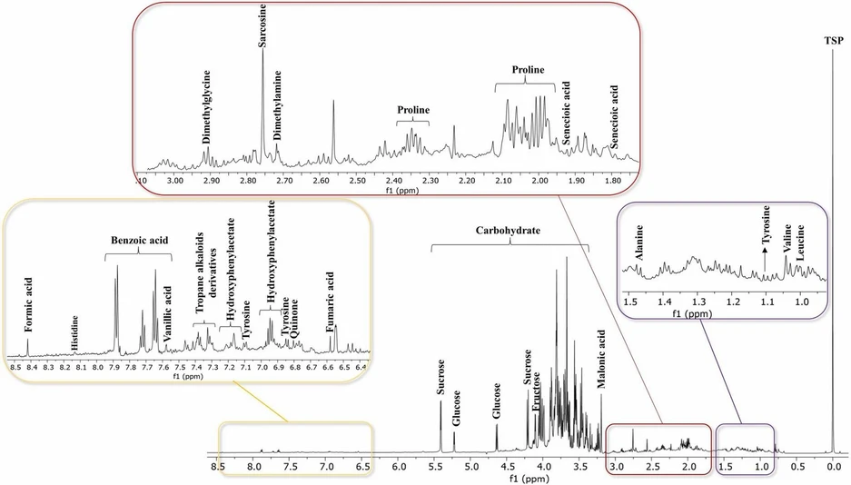 Journal of Pharmaceutical and Biomedical Analysis, Volume 253, 2025, 116520: Fig. 4. 1H NMR spectrum of W. somnifera roots N_100 extract.
