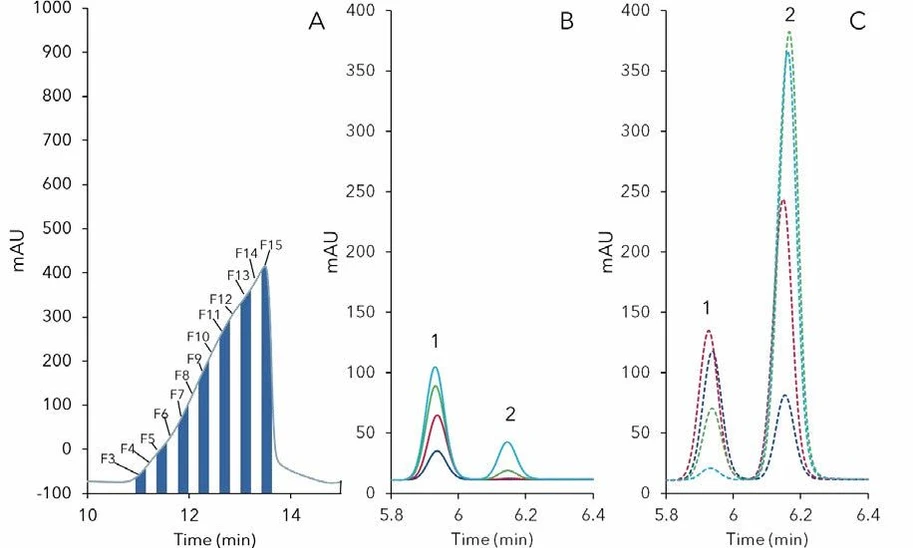 KNAUER: AZURA® Pilot Prep HPLC System: Fraction analysis of preparative online-SPE purification (Fig.2) of rebaudioside A (1) and stevioside (2); a) F3 (blue), F4 (red), F5 (green), F6 (light blue); b) F7 (red dashed), F10 (blue dashed), F12 (green sashed), F15 (light blue dashed); c) frac- tionation of target peak, 5 mL fractions.
