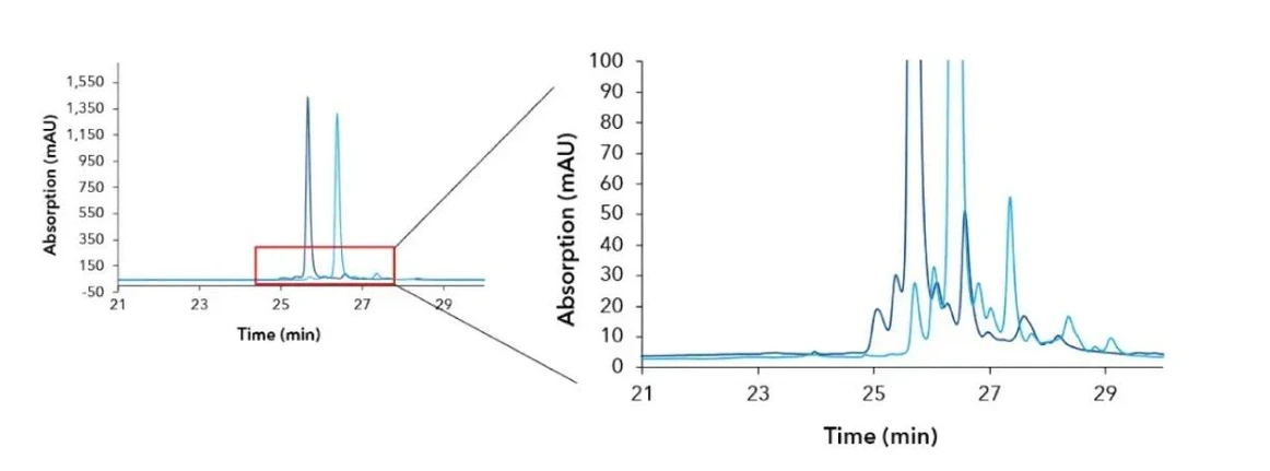 KNAUER: Figure 2: Overlayed chromatogram of crude product of a 43mer thiolate oligonucleotide. Light blue - reference column and dark blue – Sepapure oliGO.