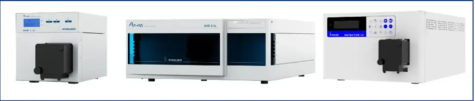 KNAUER: Figure 3: KNAUER single variable wavelength UV/VIS detectors. From left to right: AZURA® UVD 2.1S, AZURA® UVD 2.1L, BlueShadow 40D.