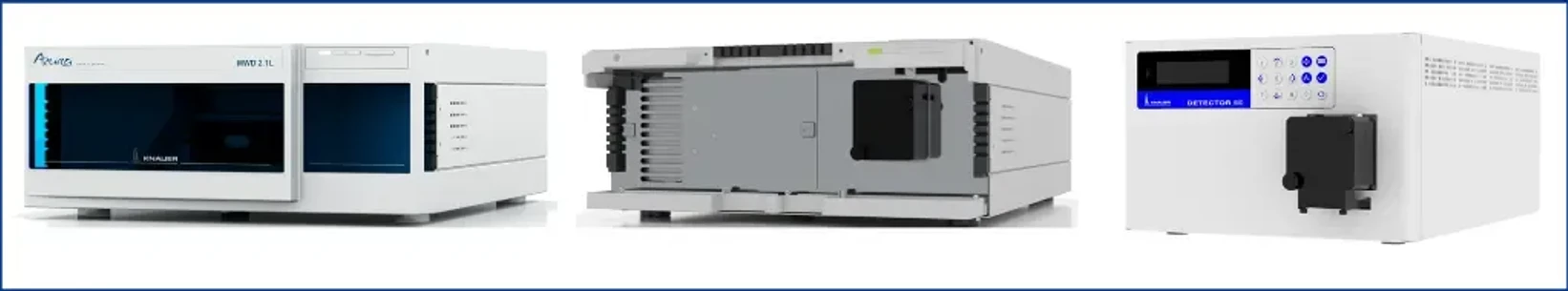 KNAUER: Figure 4: KNAUER multi-wavelength UV/VIS detectors. From left to right: AZURA® MWD 2.1L, AZURA® VWD 2.1L, BlueShadow 50D.
