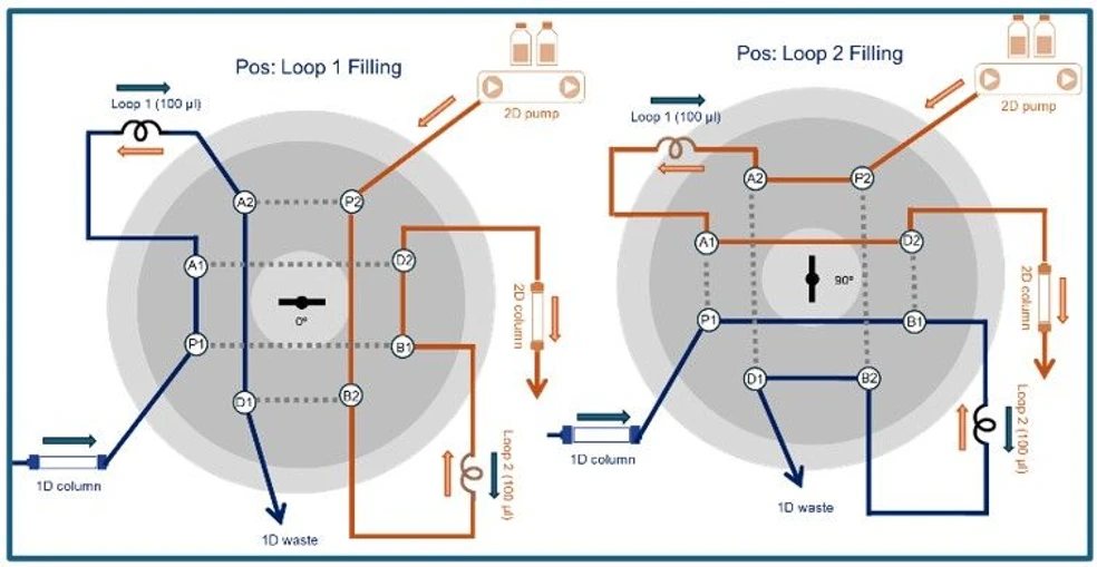 KNAUER: Figure 4 - Schematic figure KNAUER eight-port 2 position valve for 2D-LC (Graphic by KNAUER).
