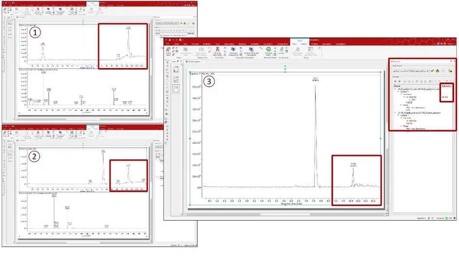 Mestrelab Research: Mnova MSChrom - Sample, 2, and blank, 1, used to apply MS Background Subtraction and the result, 3.