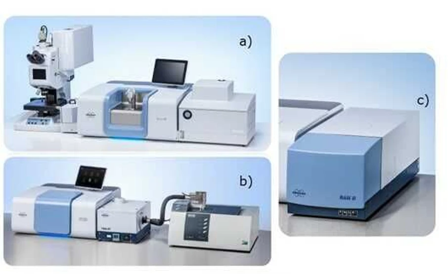 Optik Instruments: Obr.5 – Rozšíření Invenia o a) FTIR mikroskop Hyperion (Vpravo) a čtečkou mikro-destiček HTS-XT (Vlevo) b) TGA modul od firmy NETZSCH c) Ramanův spektrometr RAM II
