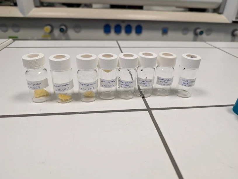RECETOX: Samples from the examined car, shown in the photo, included seat foam, soft plastic from the upper dashboard, and hard plastic from various parts of the vehicle (lower dashboard, center console, and doors). The samples were collected in a way that ensured sufficient material for extraction and analysis, while avoiding any functional or visible damage to the vehicle.