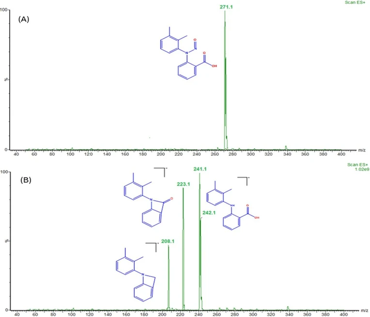 RSC Advances, Volume 15, Issue 3, 2025, Pages 1957-1969: Fig. 2. (A) Mass spectrum of NMFA, and (B) MS/MS fragmentation pattern of N-MFA.